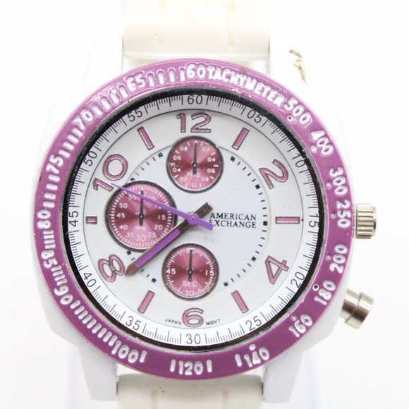 American Exchange Chronograph Watch White Tone Stainless Steel White Rubber Band - Picture 3 of 8
